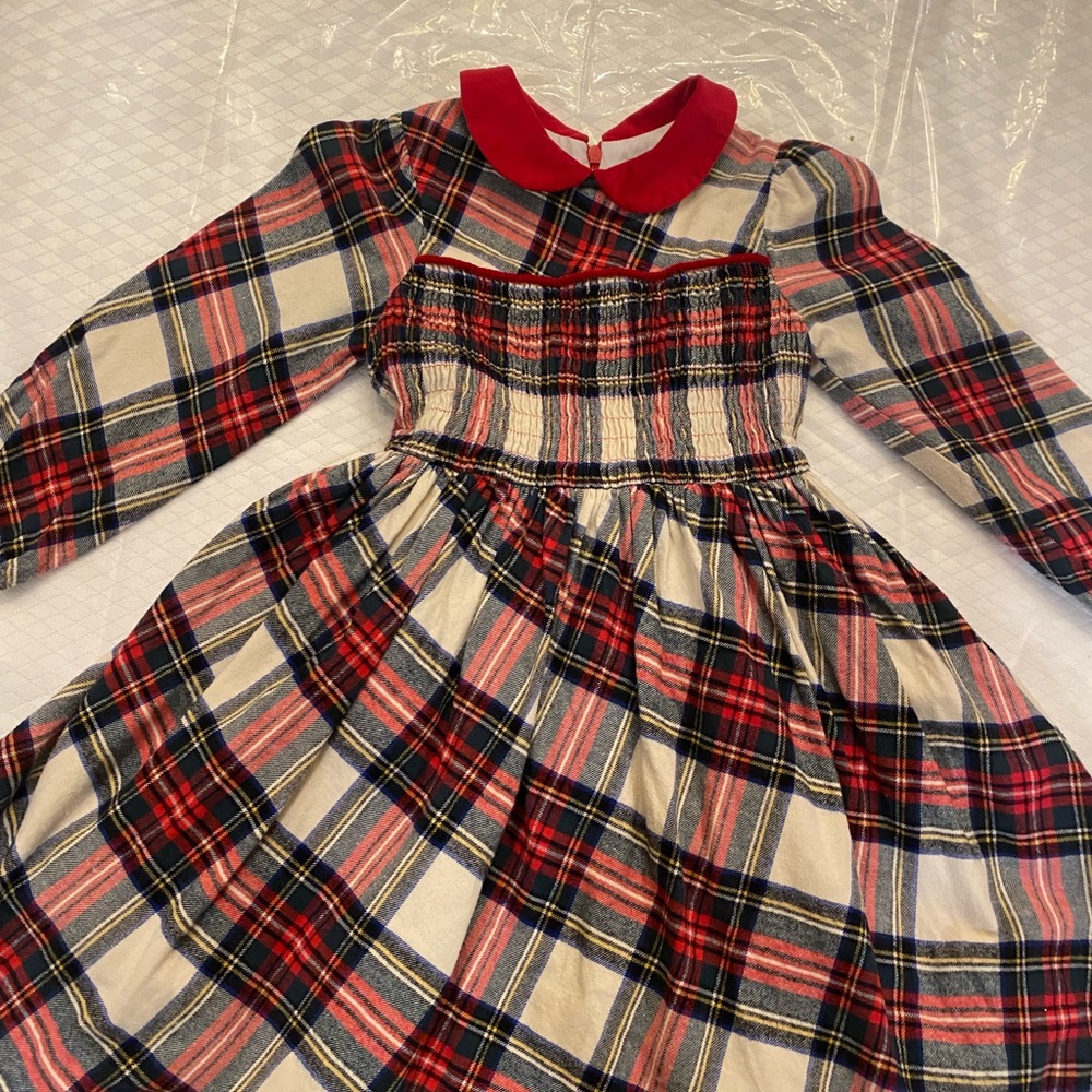 Plaid Long Sleeve Kids Dress with Red Collar